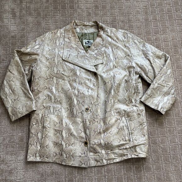 Vintage Reptile Snakeskin Leather Jacket Coat Women's M Cream Oversized Boxy 90s - Picture 1 of 12